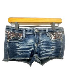 WallFlower Denim Shorts Womens 5 Blue Sequin Pocket Low Rise Cut Off Jean Shorts